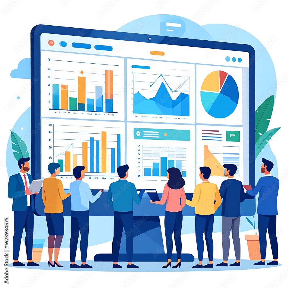 Obraz premium Business team viewing large screen with multiple graphs and charts
