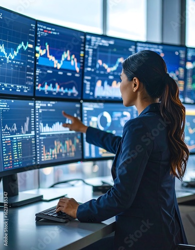 Business woman analyzing financial data on multiple monitors