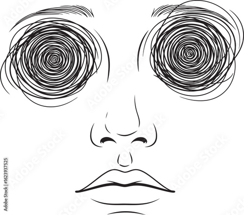 Abstract face illustration with swirling, chaotic eyes suggesting dizziness or mental distress.