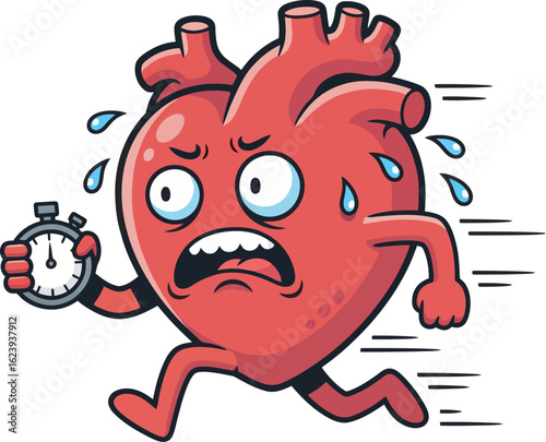 Cartoon heart running frantically while holding a stopwatch, looking stressed and worried.