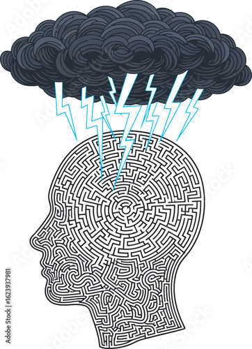 Maze-filled head with a storm cloud and lightning, representing mental stress or confusion.