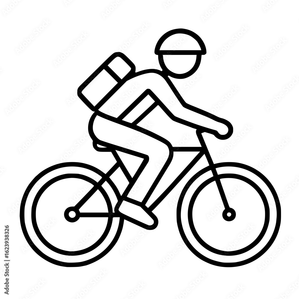 Naklejka premium Line Art Cyclist Icon with Backpack and Helmet Riding Bicycle 