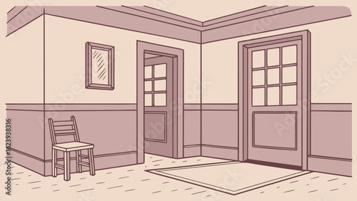 Interior corner view with chair mirror doors and rug in a room with light beige walls and brown trim