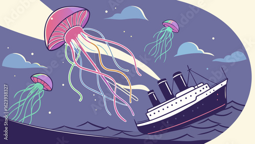 Illustration of a sinking ship with jellyfish in a night scene with clouds and stars in the background