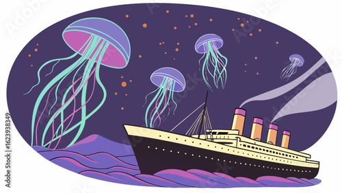A ship sails on the ocean under a night sky with jellyfish floating above the water and stars shining bright
