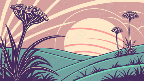 Illustration of dill plants in a field under a sunset with rolling hills and stylized sun rays