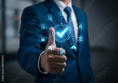 Businessman's Thumbs-Up with Glowing Compliance Icons: Quality Assurance and Digital Security