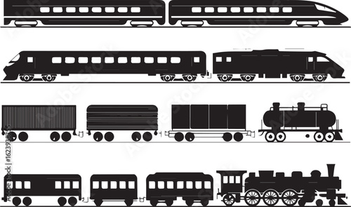 railway transport vector set with classic steam engines, modern trains and wagons in black silhouette style