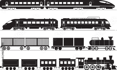 black train illustrations for transport, travel and logistics themes featuring various railway vehicle types