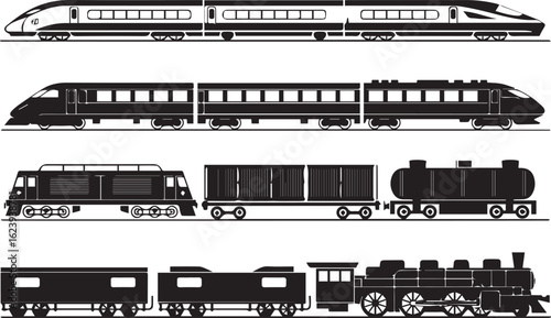 retro and modern railway icons collection in silhouette style for infographic, poster or graphic project use