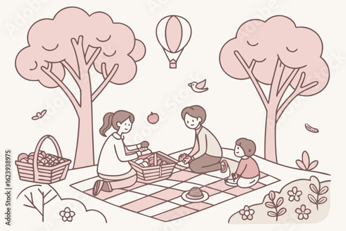 A family enjoys a picnic under trees with a hot air balloon in the sky on a checkered blanket outdoors