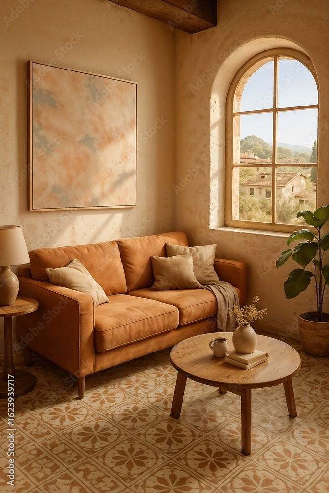 Fototapeta premium Rustic Mediterranean Living Room: Warm-toned Sofa, Sunlit Arch Window, Earthy Decor, Tranquil Atmosphere.