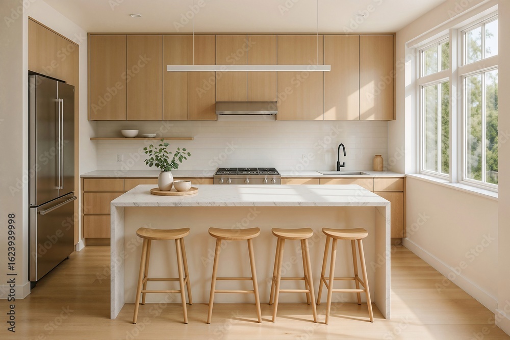 Fototapeta premium Modern Minimalist Kitchen Island with Marble Countertop and Light Wood Stools