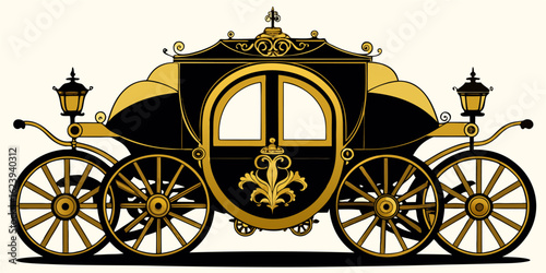 Illustration of a horse-drawn carriage, a stunning combination of black and yellow or gold, a symbol of horse-drawn carriages during the reign of the nobility.
