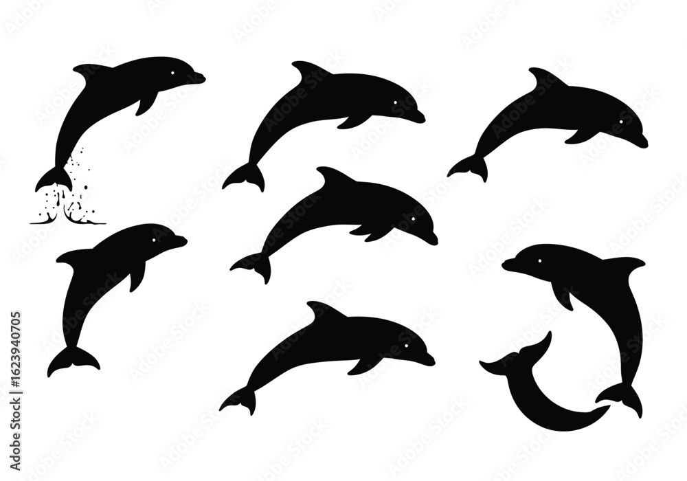 Obraz premium Collection of Black Silhouette Dolphins in Various Jumping Poses.