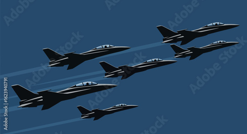 Formation Flight of Modern Military Jets in the Sky.