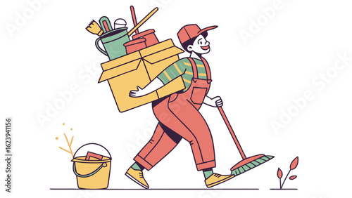 Professional cleaning services man carrying cleaning supplies and equipment for house cleaning services job