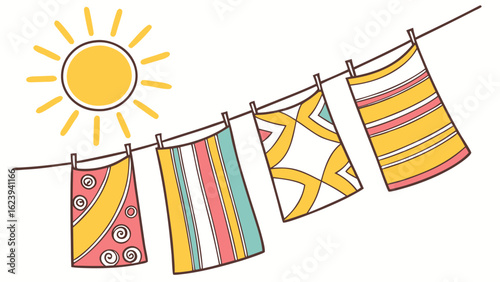 Colorful patterned beach towels hanging on a clothesline with bright sun illustration vector design