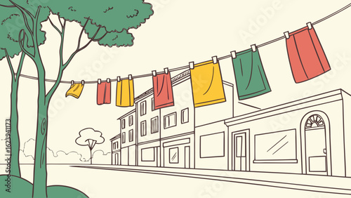 Illustration of colorful laundry hanging on a clothesline in a town street drying in the sun outdoors