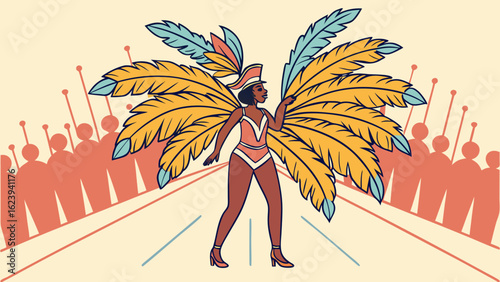 Illustration of carnival dancer woman with feathers costume and crowd background for festival celebration
