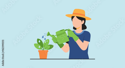 Woman Watering Houseplant with Green Watering Can.