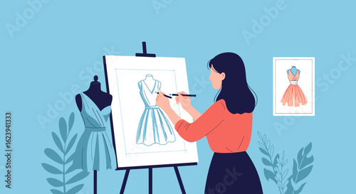 Fashion Designer Sketching Dress Design on Easel with Pencil and Paper.