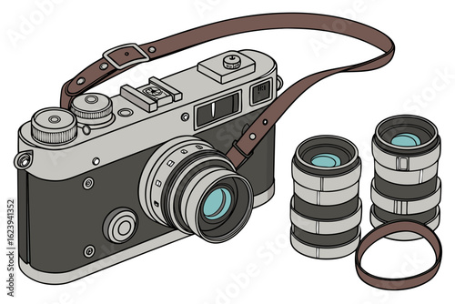 Illustration of a vintage rangefinder camera with lenses and strap on a white background