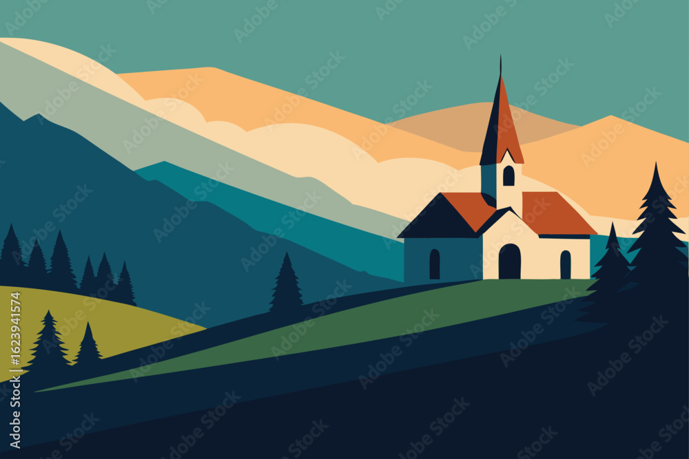 Fototapeta premium flat-vector-illustration-of-a-small-countryside-ch.eps