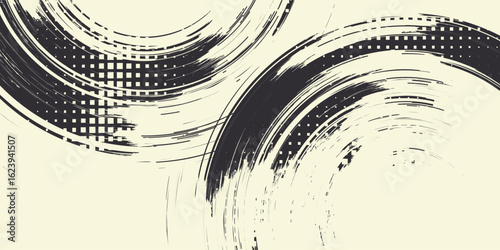 Abstract black halftone circular brush stroke background with grunge-style textures and dynamic swirl elements. The modern monochrome design is ideal for comic book art