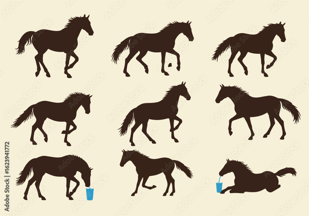 Obraz premium Nine Dark Brown Horse Silhouettes in Various Poses Including One Drinking from a Cup.