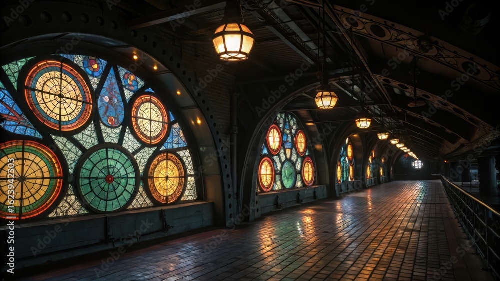 Obraz premium Ornate stained glass windows illuminate a dark arched walkway at night