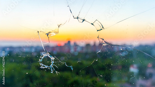  A view of a blurred city skyline at dawn or dusk, with a soft gradient sky of orange and light blue, seen through a point of impact on a glass surface with radiating cracks. Suggests a disruption or 