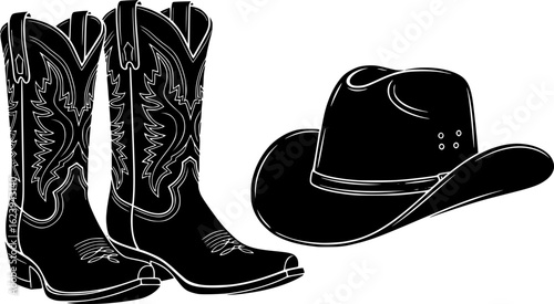 Cowboy boots and western hat. Vector graphic hand drawn illustration rodeo cowboy clothes isolated on white for print or design