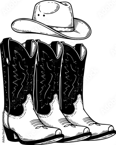 Cowboy boots and western hat. Vector graphic hand drawn illustration rodeo cowboy clothes isolated on white for print or design