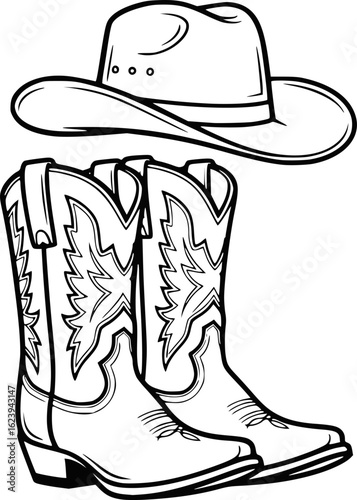 Cowboy boots and western hat. Vector graphic hand drawn illustration rodeo cowboy clothes isolated on white for print or design