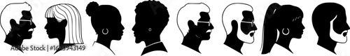 Vector silhouette of set of profile face of different people.