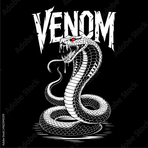 Illustration of a coiled cobra snake with dripping venom and red eyes, with the word "VENOM" above.