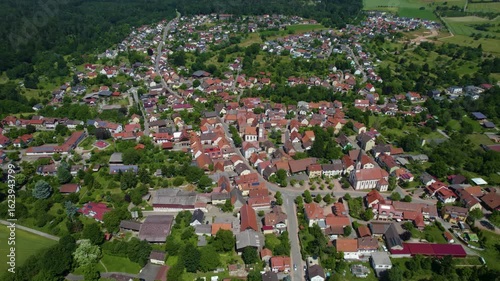 Aerial view around the city Neunkirchen in Baden-Württemberg in Germany. On sunny day in spring