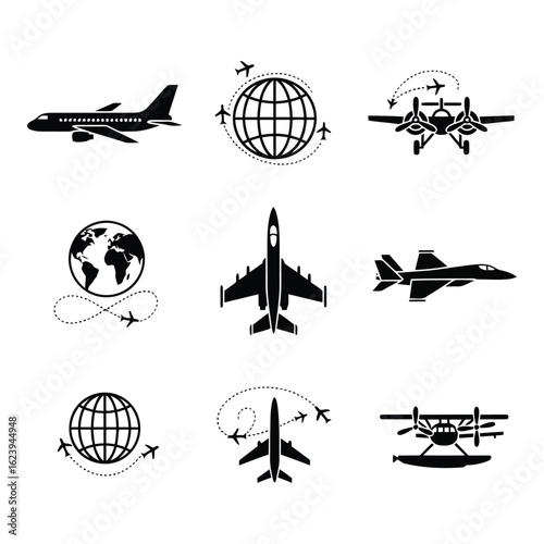 Art of collection of airplane icons and symbols, including globe and travel motifs, isolated on white background
