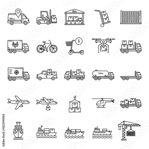 Art of collection of logistics and delivery icons, including trucks, vans, airplanes, ships, drones, and forklifts, isolated on white background