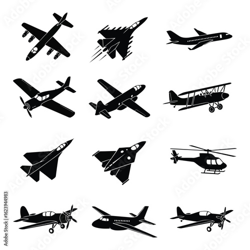 Art of collection of diverse aircraft silhouettes including jets, propeller planes, and helicopters, isolated on white background