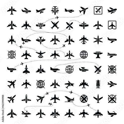 Art of collection of diverse airplane icons and silhouettes isolated on white background, representing various aircraft types and aviation symbols