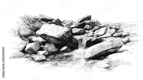 Detailed grayscale drawing of rocks and a small waterfall
