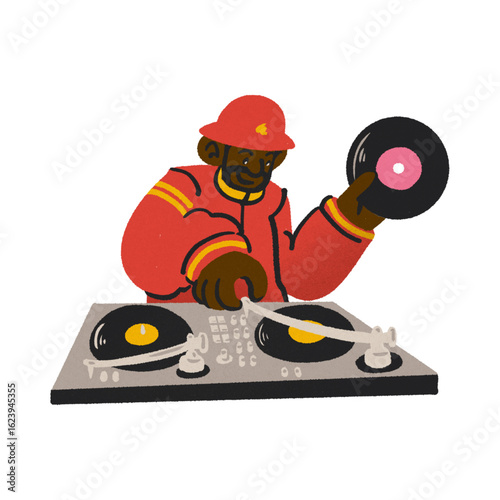 Creative illustration of a firefighter character as a DJ, mixing music on turntables. A unique concept of a hero enjoying a passion for vinyl records.
