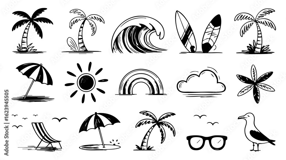 Fototapeta premium Collection of various summer beach doodles isolated on white background, including palm trees and waves