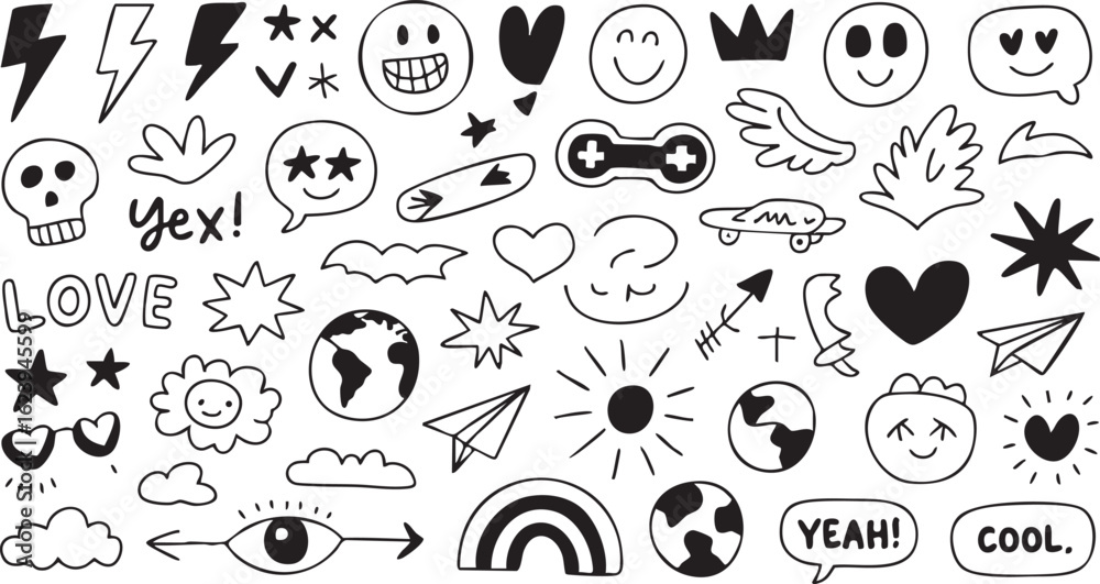 Naklejka premium Collection of various black and white doodles isolated on white background, including hearts and stars