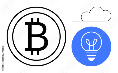 Bitcoin logo in a circular frame, a blue lightbulb icon, and a minimalist cloud outline. Ideal for cryptocurrency, blockchain, finance, innovation, technology, startups futuristic ideas simple