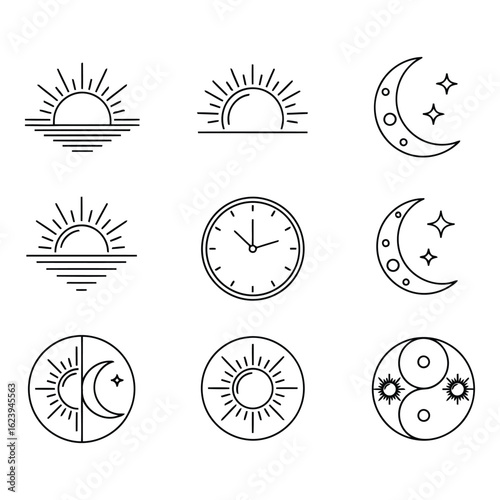 Art of collection of celestial icons featuring sun, moon, and clock symbols, isolated on white background