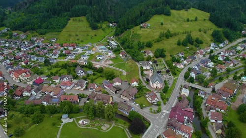 Aerial panoramic view around the city Schenkenzell in Germany. On sunny day in spring