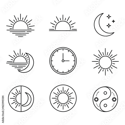 Art of collection of minimalist line art icons representing the sun, moon, day, night, and time, isolated on a white background